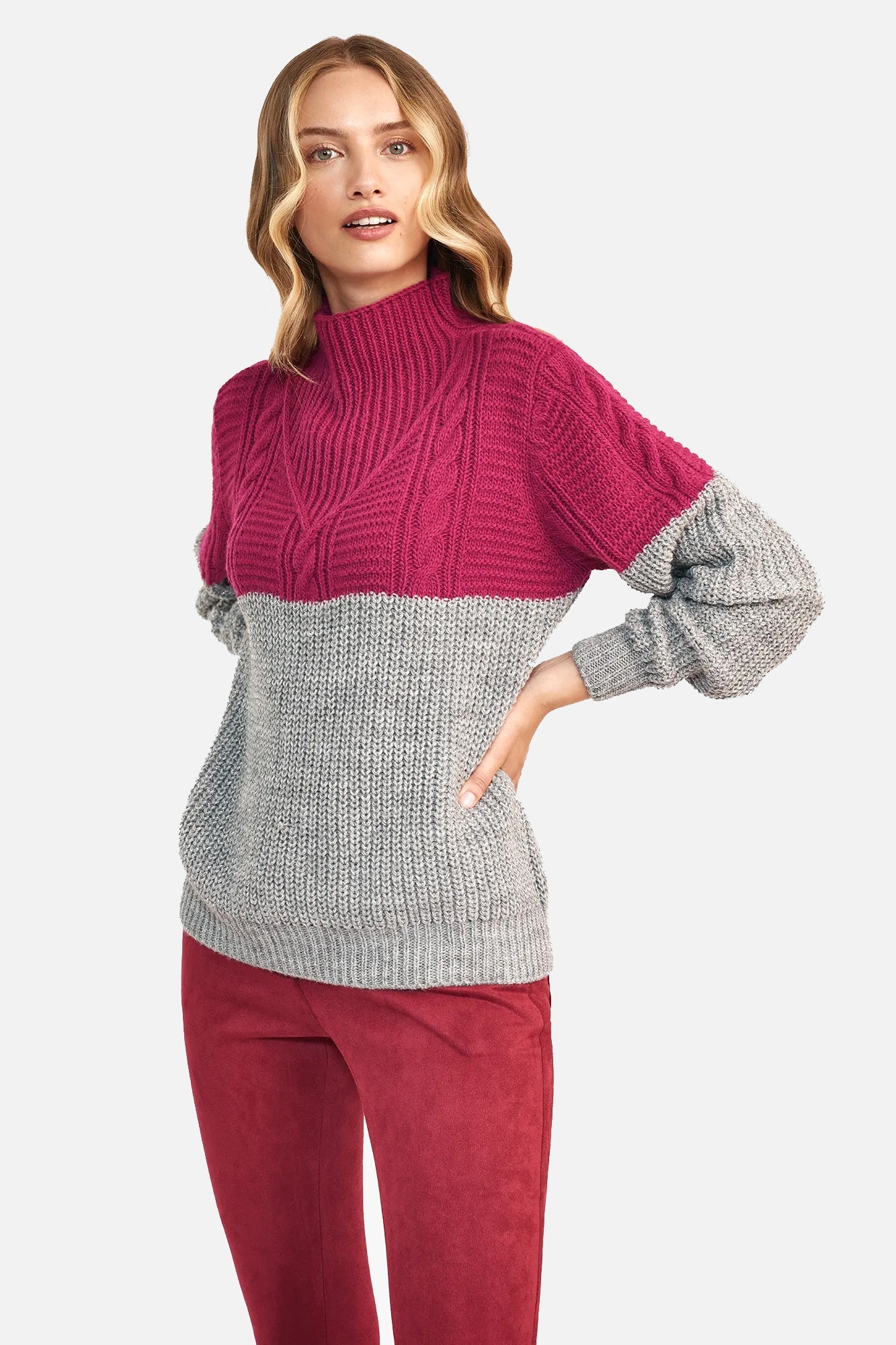 Two-tone sweater - raspberry/gray